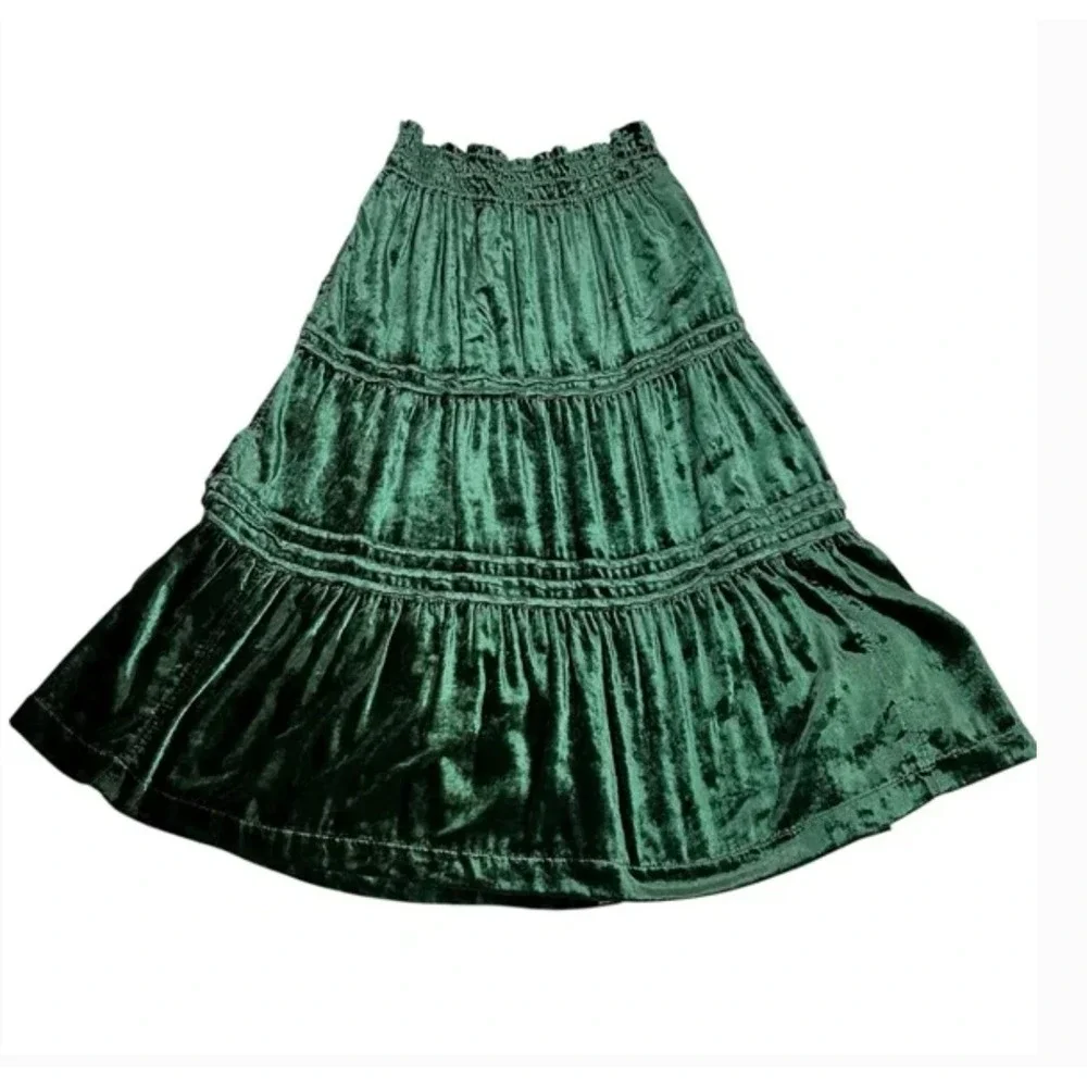 Anthropologie Velvet Tiered Skirt SMALLGreen Whimsigoth Holiday Boho Pockets - Picture 7 of 8